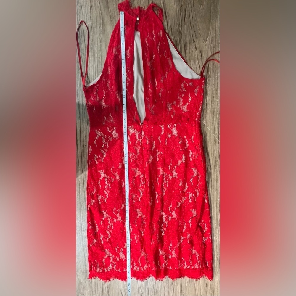 Sans Souci Red Lace Sleeveless Halter Open Back Fully Lined Dress - Picture 11 of 11